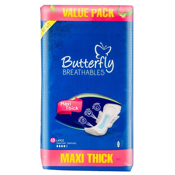 Butterfly Breathables Maxi Thick Fabric Soft Sanitary Pads Long Value Pack 18Pcs